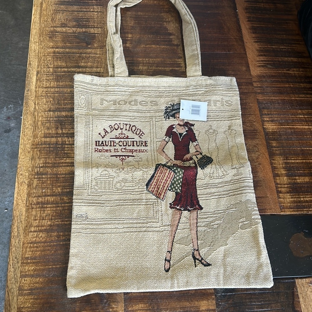 NWT VINTAGE Modes de Paris France Tote Shoulder Shopper Purse Burlap Linen Vibe